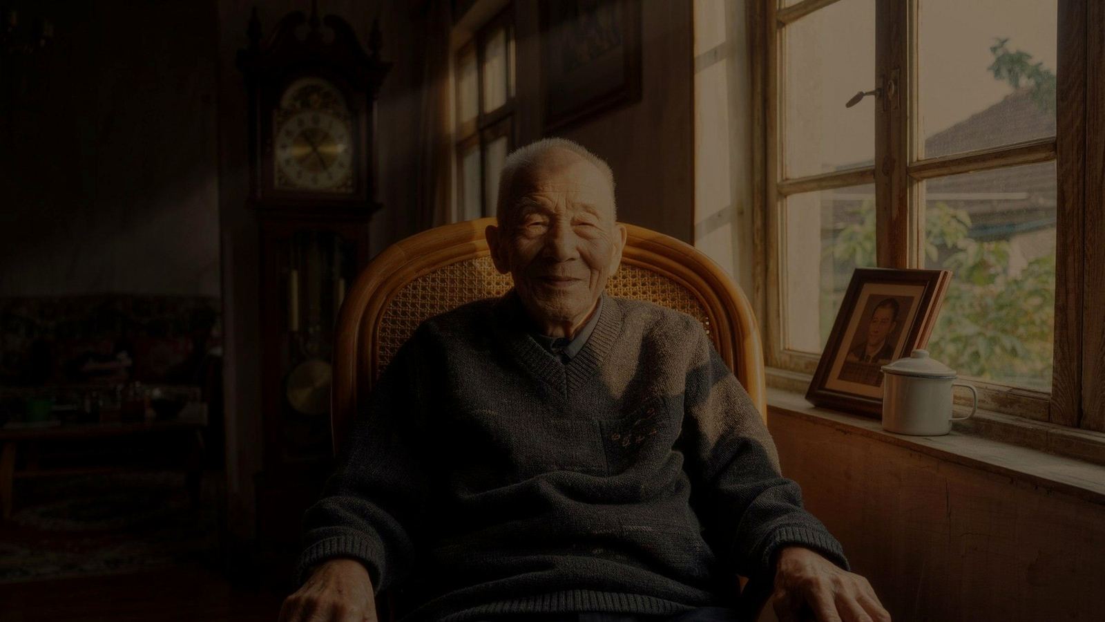 坐在藤椅上的老人